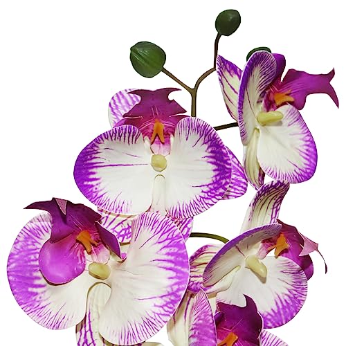Purple Orchid Artificial Flowers 2 Stems in Grey Pot, Potted Faux Orchid Flower for Home Bathroom Table Living Room Office Kitchen Decor - color: Purple Texture