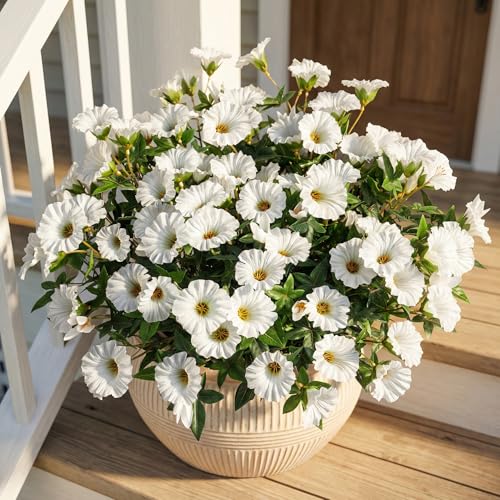 Artificial Flowers for Outdoor Window Box & Porch Decor, UV Resistant Faux Hanging Morning Glory Flowers for Patio, Balcony Cottage Garden Realistic Outdoor Floral 13.3" No Pot (White) 8PCS - color: White 8pcs