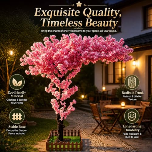 Artificial Cherry Blossom Trees Large,Faux Cherry Blossom Tree Artificial,Fake Cherry Blossom Handmade Tree Indoor Outdoor for Wedding Party Restaurant Park Living Room (Pink, 5ft 0in) - color: Pink, size: 4ft 11in