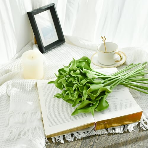 Mandy's 20pcs Green Calla Lily Artificial Flowers | 13.5 Inch PU Realistic Bouquet for Vase Elegant Home Decor Centerpiece Wedding Bridal Bouquet Table Decoration - color: Green