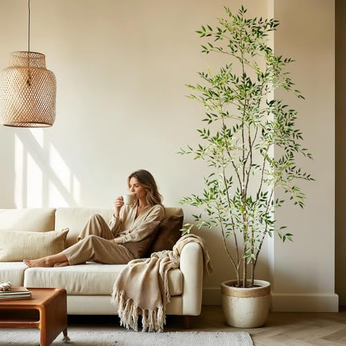 Large Faux Plastic Silk Plants Tall Artificial Bamboo Tree Indoor Outdoor Realistic Floor Plant Potted Fake Nandina Trees for Home Living Room Office Front Porch Patio decoracion Housewarming Gift - color: Green, size: 7ft 3in
