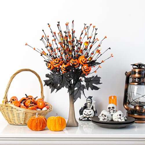 12 PCs Gothic Halloween Flowers Artificial Orange Black Stems Spooky Halloween Floral Picks with Candies Corn Smiling Pumpkins for Vase Floral Arrangements Table Centerpieces Decorations