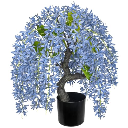 Artificial Flowers 18.5" Tall with Silk Wisteria Flower Arrangement and Realistic Wood Fake Bonsai Tree Plants Faux Plants for Spring Home Bedroom Office Bathroom Blue Coffee Table Centerpiece Decor - color: Blue-18.5