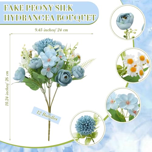 Tigeen Peonies Artificial Flowers Faux Roses Silk Flowers Hydrangea Artificial Bouquet for Wedding Table Centerpiece Floral Vase Home Office Bridal Decor(Mist Blue,12 Bundles) - color: Mist Blue
