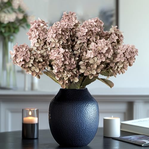Ttranewsoo Fake Flowers Hydrangea Silk Flowers with Stems,Brown Flowers Fall Hydrangea Artificial Flowers,Winter Flowers Artificial for Decoration Vase Indoor and Outdoor 24"（Brown ） 8PCS Wthout Vase - color: Brown