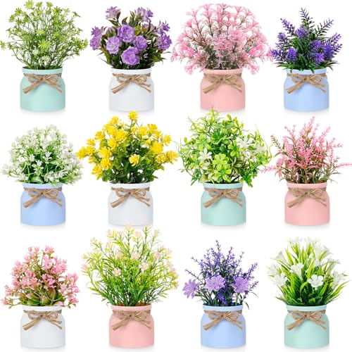 Suncalla 12 Pcs Artificial Flower Plants Small Fake Plants with Pot Mini Faux Potted Plant for Floral Tables Centerpieces Decoration Home Bathroom Office Window Tabletop Decor (Colorful Flower) - style: Colorful Flower