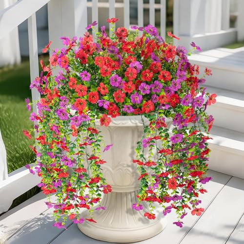 Hrobek 4 PCS Artificial Hanging Plants Flowers for Outdoor Srpring Summer Decoration, Fake Realistic Daisy Eucalyptus for Outdoors, Faux Plastic Greenery Long Vine Indoor Wall Patio Porch Decor - color: A-red Purple