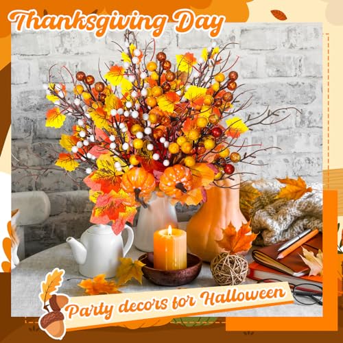 Hotop Fall Decor 12 Pcs Floral Picks Artificial Autumn Pumpkin Orange Berry Flower Maple Leaves Stems Vase Decorations for Home Harvest Holiday Thanksgiving Table Indoor Decor(Pumpkin Style)