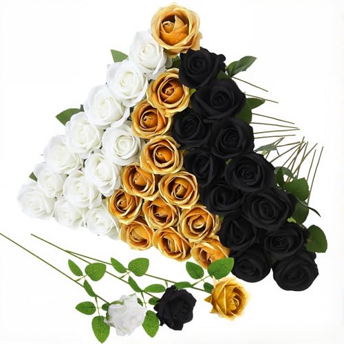 36 Pcs Velvet Texture Black, Gold, White Artificial Flowers Bridal Bouquet, Fake Rose Long Stem Realistic Flowers Bulk for Valentine's Day Wedding Bouquet Ball Arrangement Centerpiece Party - color: Black, Gold, White