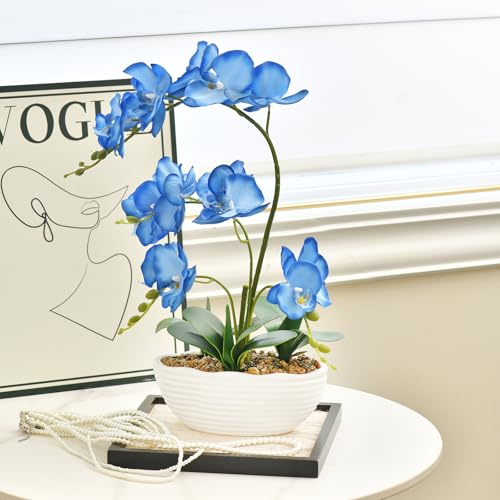 19" H Phalaenopsis Faux Orchid Plant Silk Orchid Centerpiece Artificial Floral Arrangement in Ceramic Pot (Blue) - color: Blue