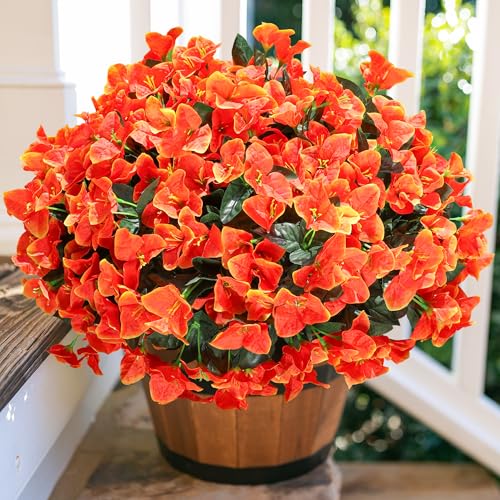 Artificial Flowers for Outdoors Spring Summer Porch Decor, 4 Bundles Fake Bougainvillea Realistic Silk Flowers for Outside UV Resistant Faux Outdoor Plants for Planters Patio Yard Balcony Home, Orange - color: Orange
