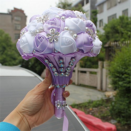 S_SSOY Wedding Bouquet Bride Bridal Brooch Bouquets Bridesmaid Bouquet Diamond Pearl Ribbon Valentine's Day Confession Party Church with Free Corsage Flower, Purple+White - color: Purple+white