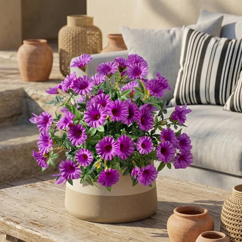 Purple Artificial Morning Glory Flowers for Outdoor Planters, Premium UV Resistant Silk Faux Flowers for Porch, Hanging Basket & Window Box, Cottage Garden Decor, No Pot, 13.3 Inch, 4 Bundles - color: Dark Purple 4pcs