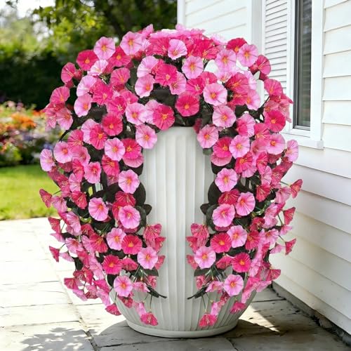 Artificial Flowers for Outdoors Fake Pink Morning Glory Hanging Flower Decoration, 2Pcs Realistic Faux Plants Petunias Long Trailing Vines,Spring Decor for Porch Patio Balcony Planter Yard - color: Morning Glory - Dobule Pink
