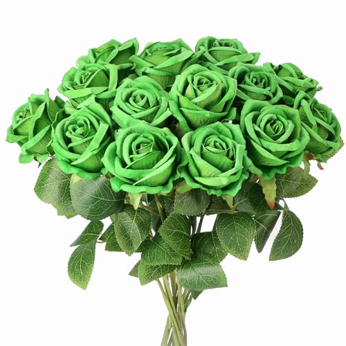 Auihiay 14PCS Green Artificial Roses, Realistic Rose Bouquet with Long Stems for Valentine's Day, St. Patrick's Day, DIY Floral Craft & Home Decoration - color: Green