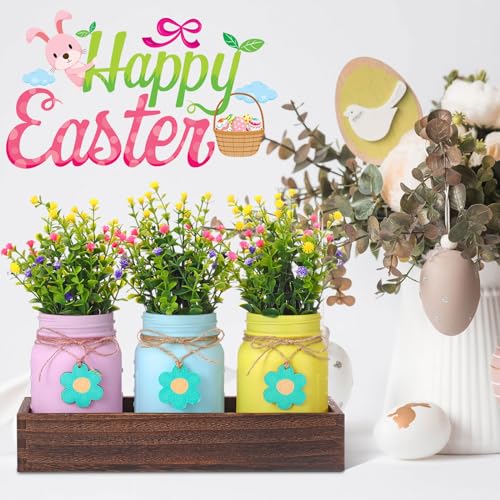 Domensi Easter Spring Table Decoration Set Rustic Wood Tray with Artificial Colorful Flower Greenery Fake Plants Mason Jar Wooden Tag for Easter Spring Dining Table Centerpiece Supplies - color: Pink, Blue Yellow, size: Easter Theme