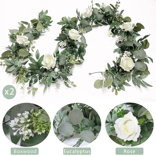 2 Pack Artificial Spring Eucalyptus Flower Garland with White Roses, 13Ft Fake Flower Greenery Floral Green Garland Vines for Wedding Arch Table Runner Backdrop Mantle Home Decorations (White) - color: White & Green (2p)