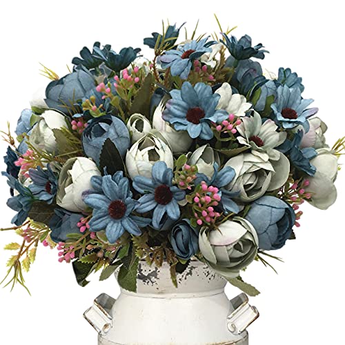 Artificial Peony Flowers, Fake Silk Plastic Plants Wedding Bridal Bouquet Party Indoor Outdoor DIY Home Garden Verandah Corridor Table Arrangements Decoration - Blue 4 Pack - color: Peony / Blue / 4pcs