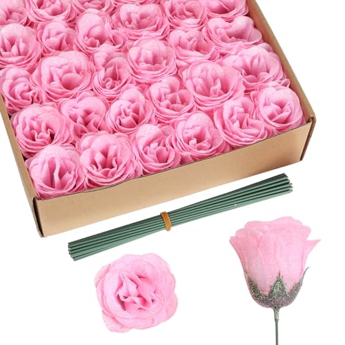 Glitter Roses Bouquet,30PCS Pink Roses Artificial Flowers Fake Sparkling Roses for Wedding Bouquet Party Christmas Home Decor(Light Pink) - color: Light Pink