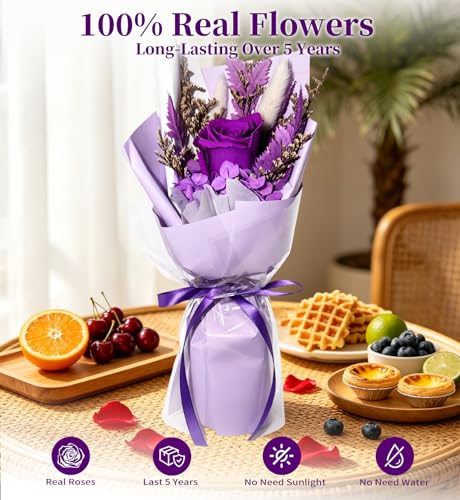Preserved Flowers Bouquet,Flowers For Delivery,Purple Rose Bouquets,Birthday Flowers Gifts For Women Mom Grandma Wife Friends,Real Roses Gift From Daughter Valentine’S Day Mothers Day Anniversary - color: Purple, size: Rose Bouquet