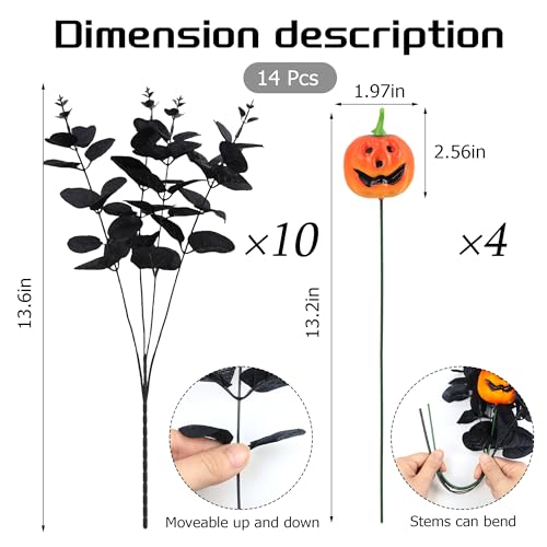 SITUMEIZI 14PCS Black Halloween Flowers Pumpkin Decorations Indoor Black Artificial Flower Fake Eucalyptus Branches Stems Halloween Table Centerpieces Decor - color: Black-pumpkin