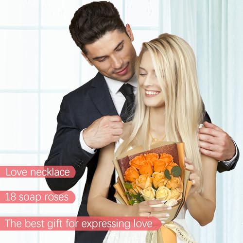 EIGHTOWN Roses Bouquet Artificial Flower - Preserved Orange Rose Flowers with Love Necklace for Her - Unique Gifts Valentine's Day, Mother's Day, Thanksgiving, Birthday, Anniversary - color: Orange