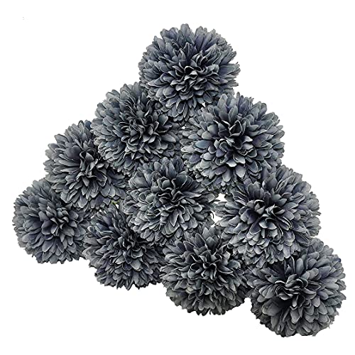 10Pcs Artificial Fake Flower Plants Silk Chrysanthemum Ball Hydrangea Arrangements Wedding Bouquets Decor Home Kitchen Garden Party Table Floral Centerpieces DIY (Gray) - color: Grey