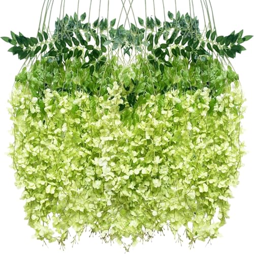 HUAHUA Artificial Wisteria Flowers, White Dense Artificial Fake Wisteria Vine Ratta Hanging Garland Silk Flowers String for Home Party Wedding Decor (24pcs Green) - color: 24pcs Green
