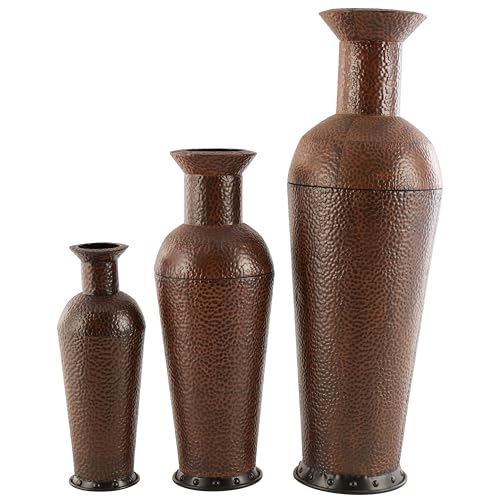 Deco 79 Metal Decorative Vase Indoor Outdoor Tall Floor Bottleneck Centerpiece Vases with Bubble Texture and Studs, Set of 3 Flower Vases for Home Decoration 50", 35", 26"H, Dark Brown - color: Dark Brown, size: 50", 35", 26"H