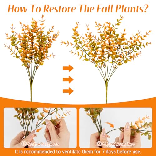 RAINFLOW Artificial Fall Flowers for Outdoors - 4PCS Autumn Brown Fake Mums, UV Resistant Fake Eucalyptus Stems for Vase Home Christmas Wedding Party Garden Porch Fall Thanksgiving Decorations