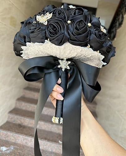 Sharebeauty 9.4" Handmade Satin Rose Bridal Bouquet Toss Round Wedding Bouquet Throw Toss Artificial Flower Bunch Black - color: 809a Black, size: 9.4"/24cm