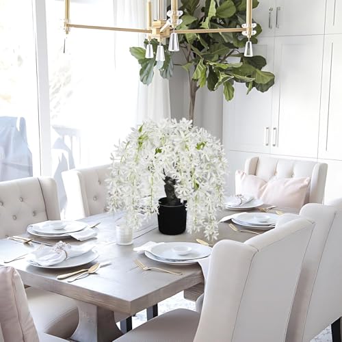 Artificial Flowers 13.8" Tall with Silk Wisteria White Flower Arrangement and Realistic Wood Fake Bonsai Tree Plants Faux Plants for Spring Home Bedroom Office Bathroom Coffee Table Centerpiece Decor - color: White-13.8