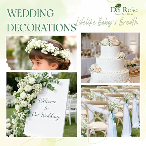 Der Rose 18Pcs Babys Breath Artificial Flowers Faux Gypsophila Stems, Real Touch Silk Fake White Babys Breath Flowers Artificial Bulk for DIY Wedding Table Centerpieces Home Party Decorations