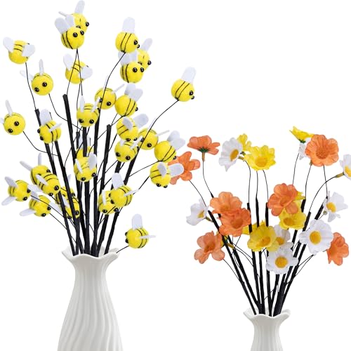 Watayo 15 Pcs Felt Bee Stems with Artificial Flowers Picks, Felt Honeybee Branches Floral Decorative Picks, Bees Daisy Stems Spray Vase Fillers for Table Centerpiece Tree DIY Craft Home Party Decor - color: Bees Flowers-15pcs