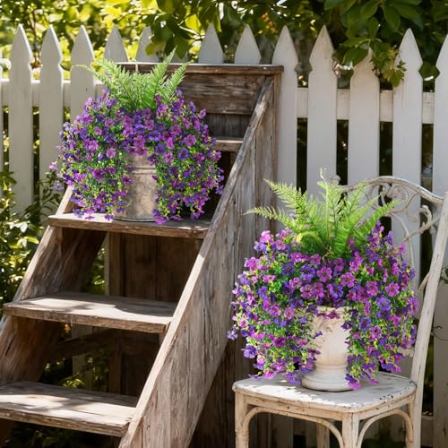 ZFProcess Artificial Fake Hanging Flowers for Outdoors, Silk Daisy with Articial Boston Ferns Plants Set, Realistic Spring Fake Outdoor Flowers UV Resistant Porch Patio Yard Decor - color: Double Purple Daisy With Fern