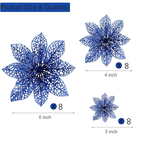 Wironlst 24 Pieces Glitter Poinsettia Flowers Christmas Tree Ornaments, Glitzy Poinsettia Bushes Christmas Decorations for Xmas/Holiday/Seasonal/Wedding (Blue) - color: Blue 1