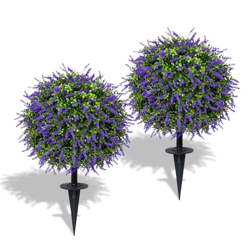Bdor 25" Artificial Lavender Topiary Ball Trees with Ground Stake, Faux Potted Plants Purple Lavender Set of 2, Outdoor Fake Flower Bushes, UV Resistant for Home Lawn and Front Porch Garden Decor - style: Lavender