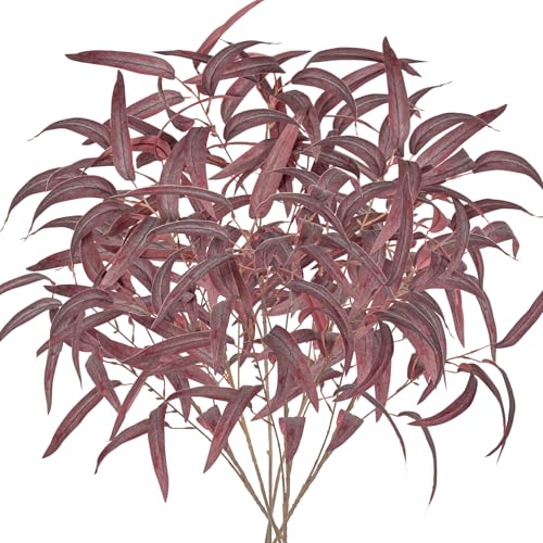 Briful Artificial Eucalyptus Willow Branches 33'' Tall Red Fake Eucalyptus Stems Arrangement, Realistic Faux Greenery Stems, Indoor Plant, Home Housewarming Farmhouse Porch Vase Decor, Set of 6 - color: 6pcs Burgundy
