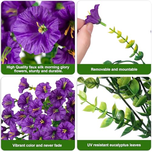 Artificial Faux Hanging Flowers Plants for Outdoor Decor,2 PCS Fake Silk Morning Glory with Eucalyptus UV Resistant Realistic Trailing Vine for Wall Home Porch Patio Balcony Yard Indoor Decor, Purple - color: Purple