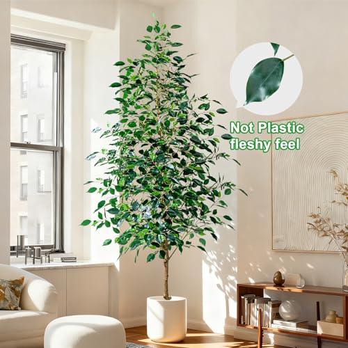 Bailikang 7FT Artificial Ficus Trees Indoor Faux Trees Indoor Fake Floor Plants Tall Artificial Tree with White Pot Faux Tree Fake Indoor Tree Silk Plants Artificial Trees for Home Decor Indoor - color: Green Leaf With White Pot, size: 7ft
