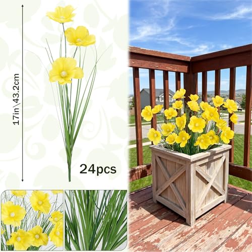 GTIDEA 24Pcs Artificial Grass Plants for Outdoors，UV Resistant Yellow | 17IN Fake Silk Flowers, for Planters, Home, Garden, Porch Decoration - color: 24pcs-yellow