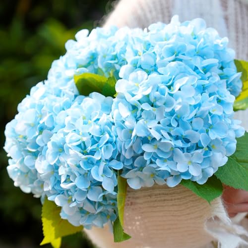 5 Pcs Hydrangea Artificial Flowers, Faux Silk Hydrangea with Stems, Fake Flowers for Wedding Bouquet Kitchen Home Office Party Tables Vase Outdoor Decor (Light Blue, 18.5 Inches) - color: Light-blue