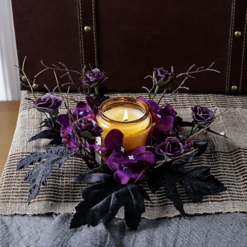 Halloween Candle Ring Artificial Flower Wreath Black Purple Floral Candle Holder 9.84” Tables Centerpieces Home Kitchen Farmhouse Decor - color: Halloween