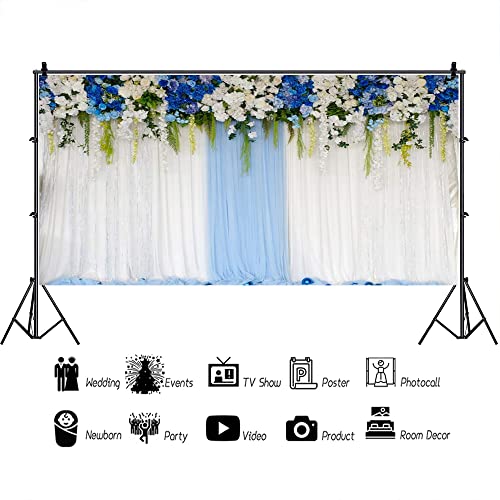 AOFOTO 20x10ft Blue White Flowers Curtain Wedding Backdrop Romantic Floral Wall Drapes Bride Groom Ladies Girls Photoshoot Background for Wedding Reception Ceremoney Birthday Cake Table Decor Banner - size: 20x10ft