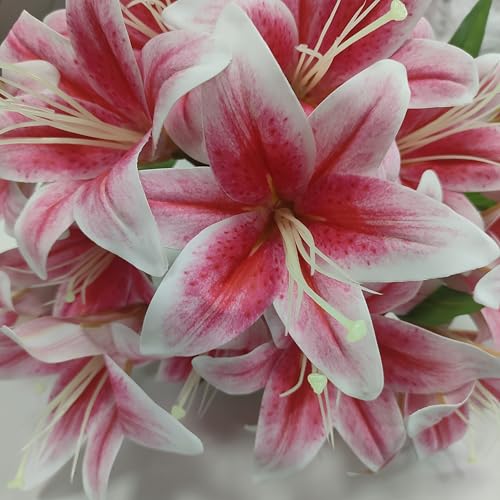 Artificial Lily Flowers,6 Pcs Faux Lily Flowers,23 Inch Long Stem Tiger Lily Branch with 3 Full Blooms and 4 Leaves, Latex Real Touch Lilium Flower for Wedding Bouquet (6, hot Pink) - color: Hot Pink