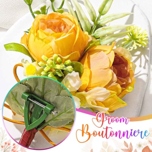 Wedding Rose Boutonniere Groom Flower Buttonholes Prom Suit Decoration for Men (Yellow) - color: Yellow