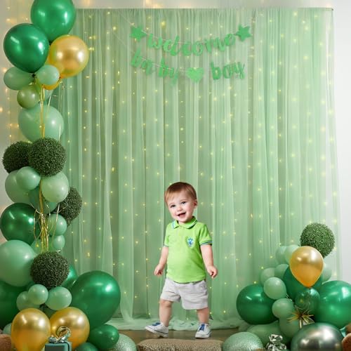 10ft x 8ft Green Backdrop Curtain with Lights String for Parties, Sheer Tulle Wedding Photo Backdrops Drapes for Baby Shower Birthday Party Decorations Background for Photography - color: Green, size: W5' x H8'(2 panels)