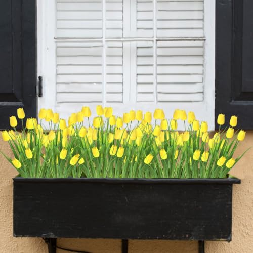 10 Bundles Artificial Tulips Flowers Outdoor,16.5 inch UV Resistant Fake Tulips Real Touch Flowers,Faux Tulips Realistic Flowers for Home Garden Outside Wedding Decor (Yellow) - color: Yellow