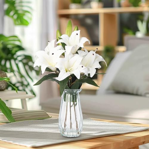 6 Pcs Artificial Lily Flowers with Glass Vase, 19.7" Faux Stargazer Lily Stems with 2 Blooms and 1 Bud Each, Faux Tiger Bouquets for Home, Hotel, Party Flower Arrangement Decor (White) - color: White, size: Lily