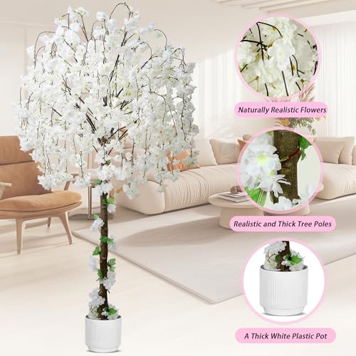 Artificial Cherry Blossom Tree, 6FT Height with 100 LED Lights, Faux Silk Plant in Pot for Home, Office, Wedding, Garden, Party, and Hotel Decorations (White, 6FT) - color: 6ft White Cherry